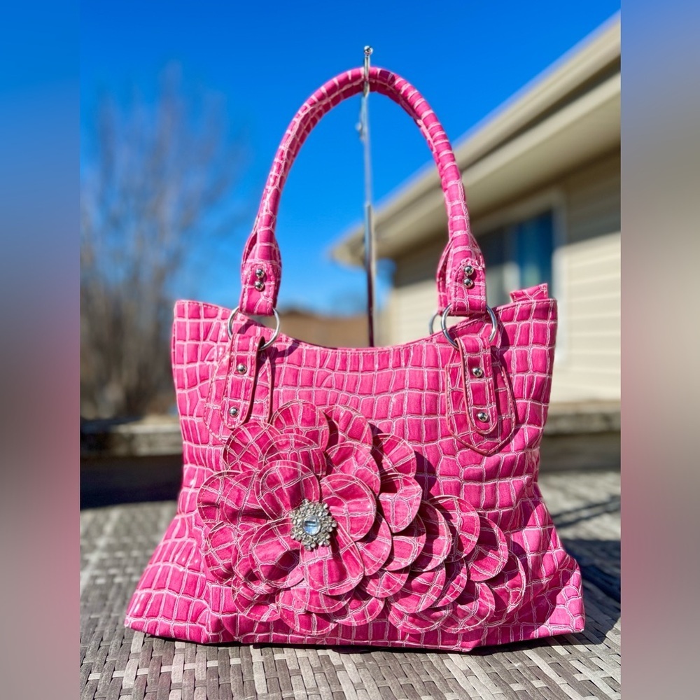 Fuscia Vegan Leather Rhinestone Rose Double Handled Shoulder Tote Bag NWOT!!​​